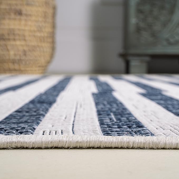 JONATHAN Y Offset Stripe Indoor Outdoor Area Rug 8X10 Ivory/Blue, Sukie Modern for Backyard, Patio, Porch, Easy-Cleaning, High Traffic, Pet-Friendly, Non-Shedding (SMB133C-8)