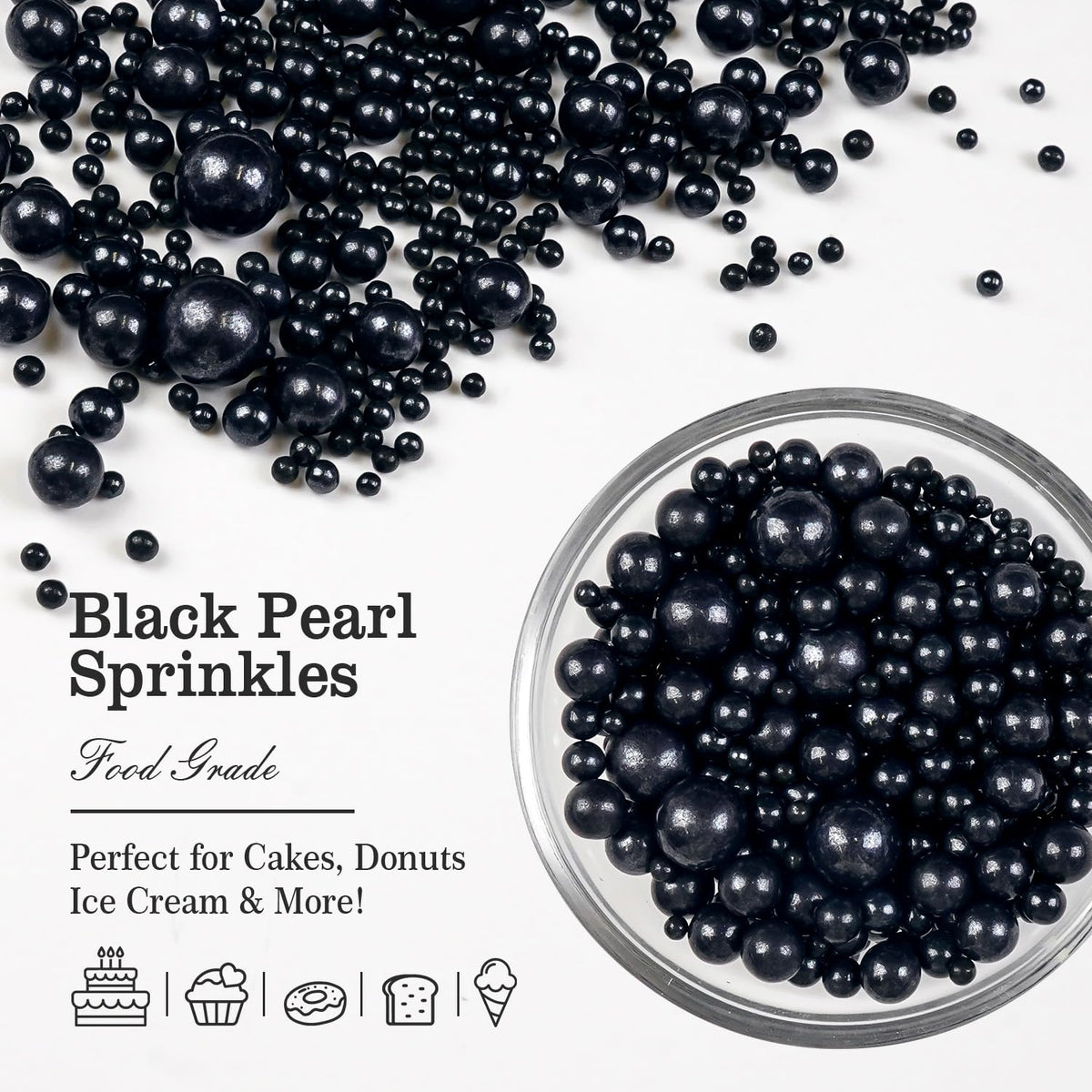 Black Pearl Sugar Sprinkles, Edible Black Sprinkles for Cake Decorating, 150g/5.29oz, Baking Cake Decorations, Ice Cream Toppers, Cupcakes, Cookies