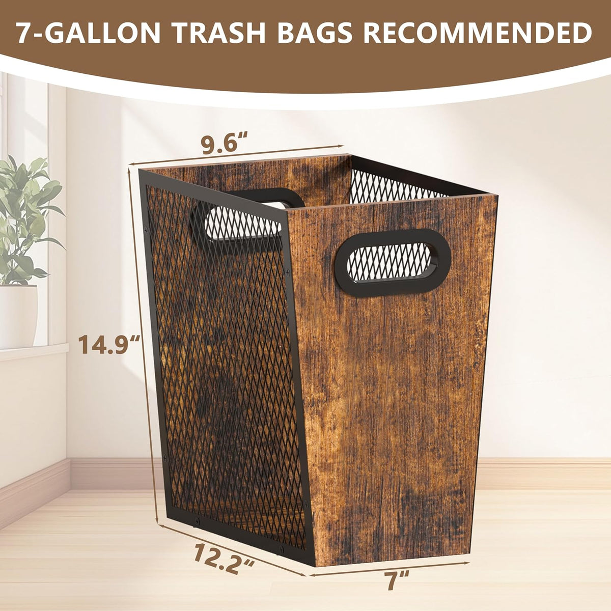 Piskyet Rustic Office Trash Can for Near Desk,7 Gallon Unique Wood Bedroom Garbage Can,Vintage Wastebasket with Handle, Decorative Trash Can for Home Office,12.2" L x 9.6" W x 14.9" H,Rustic Brown