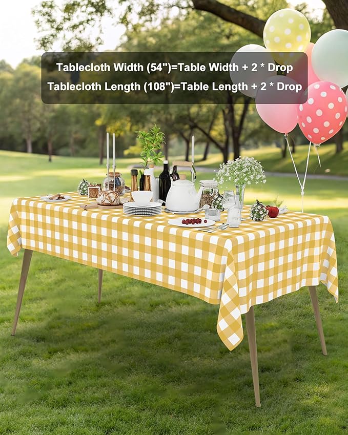 Smiry 8 Packs Gingham Disposable Table Cloth, 54 x 108 Inch Waterproof Plastic Tablecloth, Rectangle Gold and White CheckeGold Table Covers for Party, Birthday, Picnic, Banquet