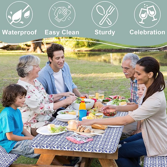 misaya Picnic Table Cover with Bench Cover, Waterproof Elastic Fitted Tablecloth for 8 Foot Tables, Rectangle Washable Polyester Tablecloths for Picnic, Camping, Outdoor (Blue, 30" x 96")