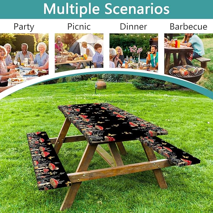 Mushroom Picnic Table Cover with Bench Covers, Camping Essentials, Waterproof Windproof Camping Tablecloth, Fitted Tablecloth Cover with Elastic Edge, for Indoor & Outdoor, Garden, 3 PCS, 30x60 Inch