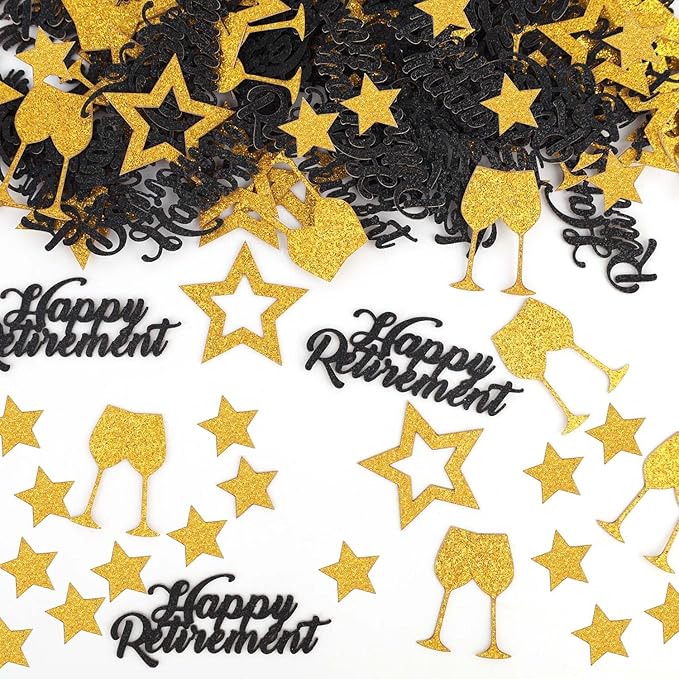 300pcs Happy Retirement Confetti, Black & Gold Table Confetti for Retirement Party Decorations Glitter Table Scatter for Farewell Party Decor Gifts Cake Centerpieces