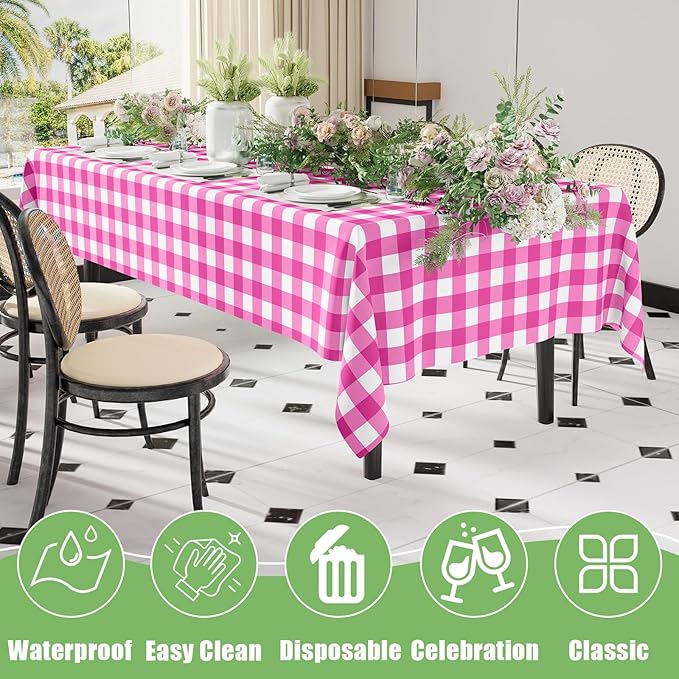 Smiry 5 Pack Hot Pink Gingham Disposable Tablecloths - 54" x 108" Heavy Duty Plastic Table Cloth, Waterproof Buffalo Plaid Table Covers for Picnic, Banquets, Parties