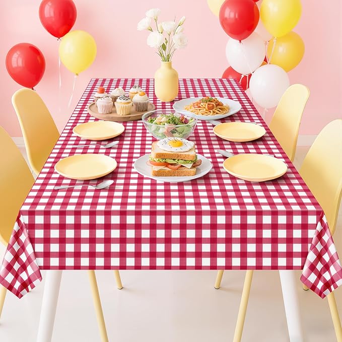 4 Pack Red Striped Gingham Tablecloths, 54 x 108 Inch Disposable Plastic Rectangle Table Covers, Waterproof Red and White Checkered Table Cloths for Picnic, Birthday, Party, Outdoor Events