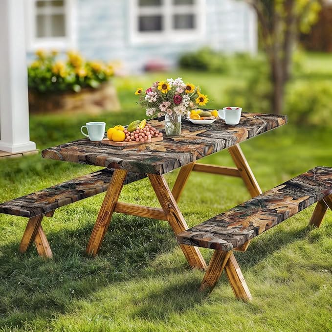 Camo Picnic Table Cover with Bench Covers, Oak Camouflage Patterns Camping Essentials Tablecloth Waterproof Fitted Rectangle Tables and Seats, Outdoor Table Covers with Elastic Windproof Edges