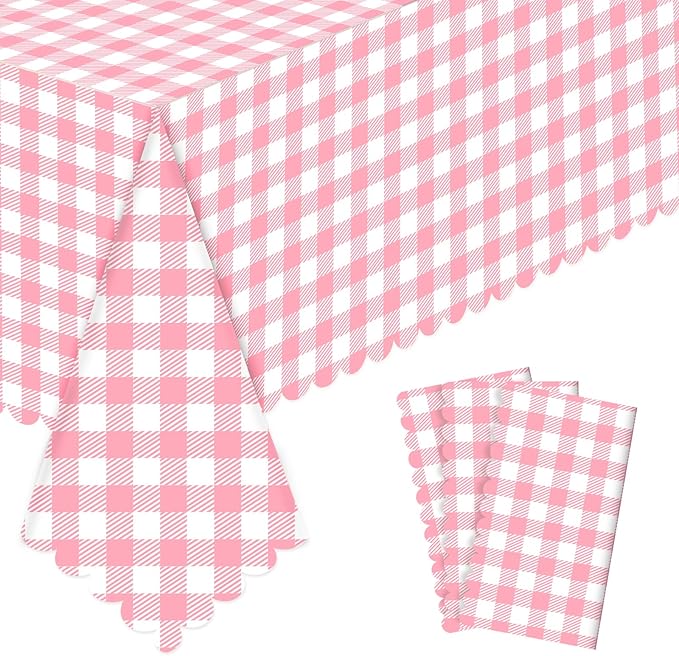 NatNarr 3 Pack Pink Gingham Tablecloths, 54 X 108Inch Scalloped Pink and White Checkered Table Cloth, Disposable Party Table Covers for Wedding Picnic Birthday Baby Bridal Shower Anniversay