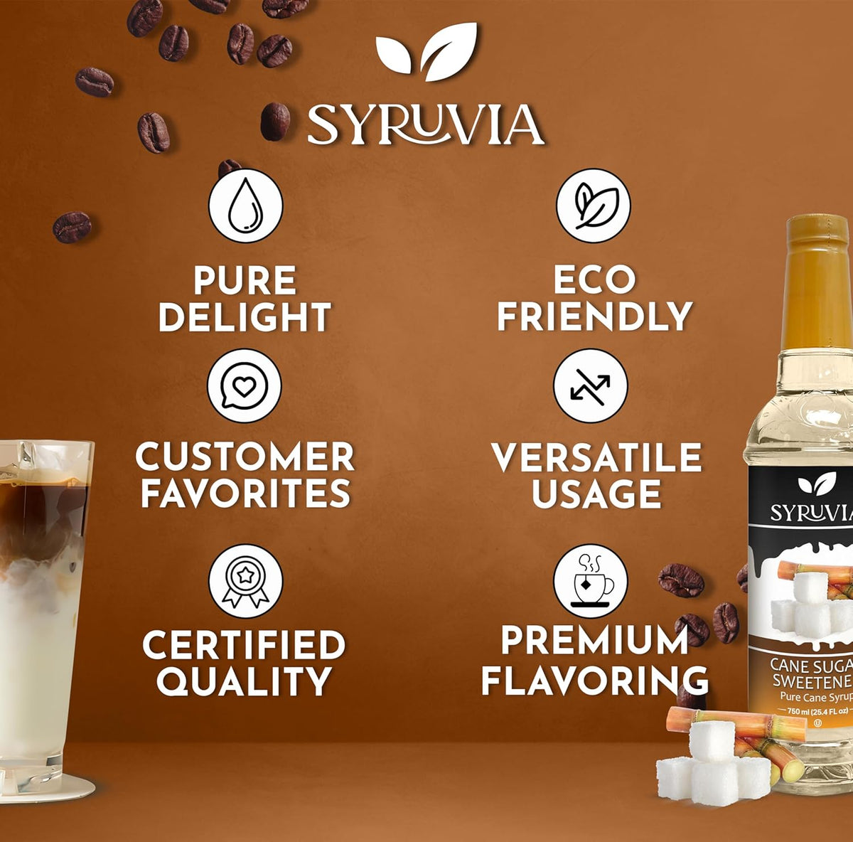 Syruvia Cane Sugar Sweetener Coffee Syrup - 25.4 fl oz. Premium Coffee Flavoring Syrup. Kosher and Gluten-Free. Perfect for Enhancing Drinks, Sodas