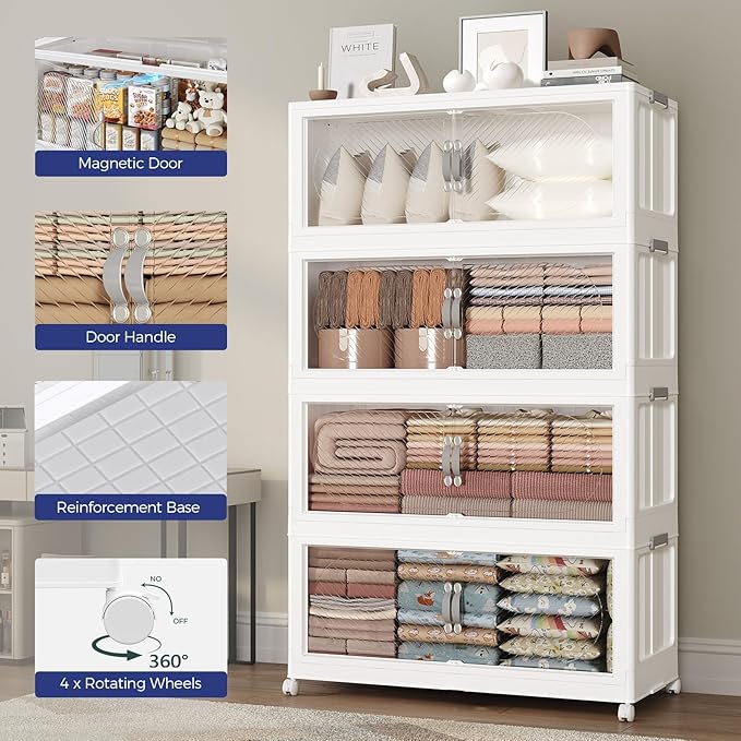 150Gal/600QT 5-Tiers Extra Large Stackable Storage Bins with Lid, Collapsible Cabinet Closet Organizer Plastic Container Box with Wheels Doors Drawers for Living Room Kitchen Office, White