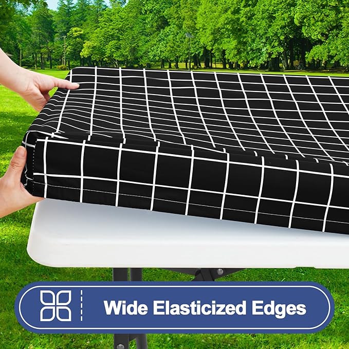 Smiry Picnic Table Cover with Bench Covers, Waterproof Elastic Fitted Tablecloth for 5 Foot Tables, Washable Polyester Tablecloths for Camping, Indoor & Outdoor (Black & White, 30x60 Inch 3-pc Set)