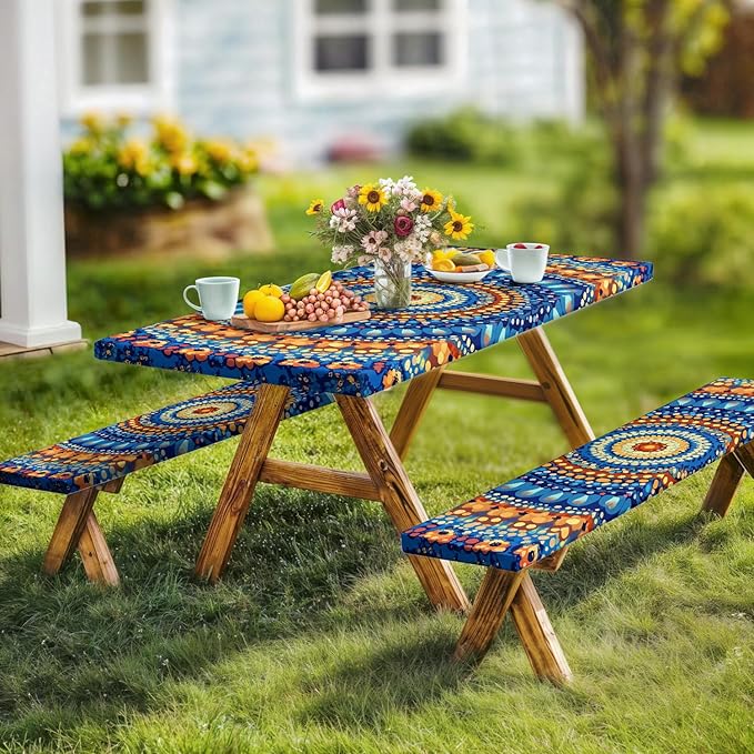 Picnic Table Cover with Bench Covers and Bag, Camping Essentials, Waterproof Windproof Camping Tablecloth, Fitted Tablecloth Cover with Elastic Edge for Indoor Outdoor 3 PCS 30x60 Inch