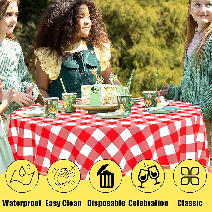 Smiry 3 Pack Red Gingham Disposable Tablecloths, 84 Inch Round Heavy Duty Plastic Table Cloth, Waterproof Buffalo Plaid Table Covers for Picnic, Banquets, Outdoor Parties