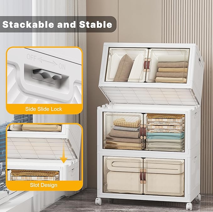 UAMFURI 336QT Lockable Storage Bins with Lids - Stackable Storage Cabinet with Doors and Wheels, Collapsible Plastic Organizer and Containers for Closets, Office, 3 Pack Cubes