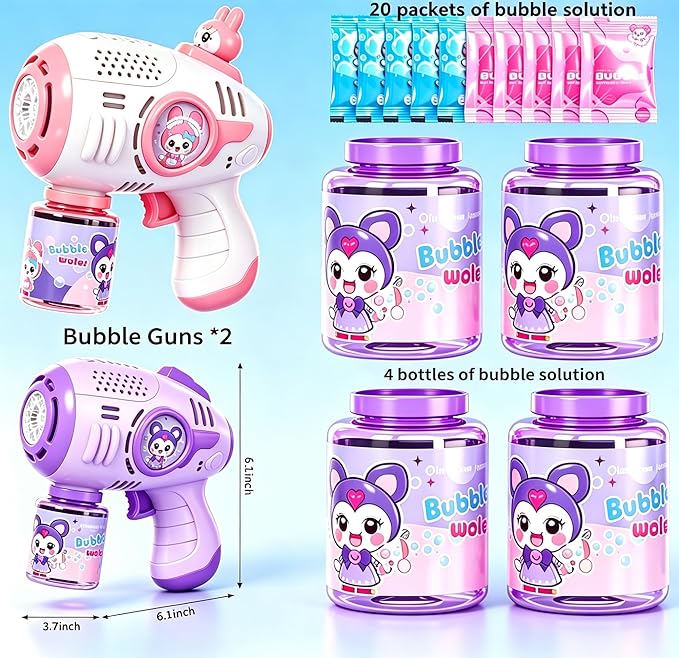 Kids' Bubble Gun, 4 Bottles of Bubble Solution Plus 20 Packets of Bubble Liquid, Toddler Bubble Gun, Sizes 1-3 (4-8), Party Gift, Summer Toy, Outdoor, Easter, Birthday Gift, for Boys and Girls.
