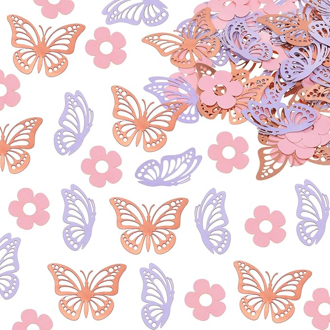 ONLYKXY 13g Butterfly Flower Table Confetti Decor Glitter Butterfly Decoration for Birthday Wedding Theme Thanks Giving Party Valentine's Mother's Day Scatter Bless Confetti (Rose Gold & Colorful)