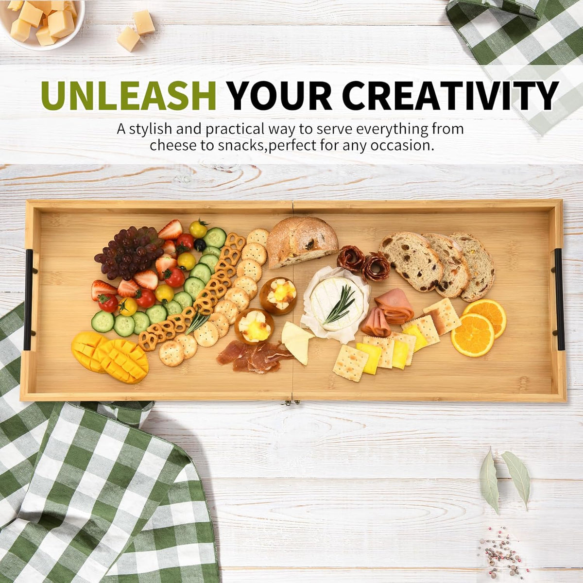 Large Charcuterie Board with Handles, 32 x 12 Inch Foldable Bamboo Serving Cheese Boards - Serving Platter for Meat, Party Appetizers, Outdoor & Fruit