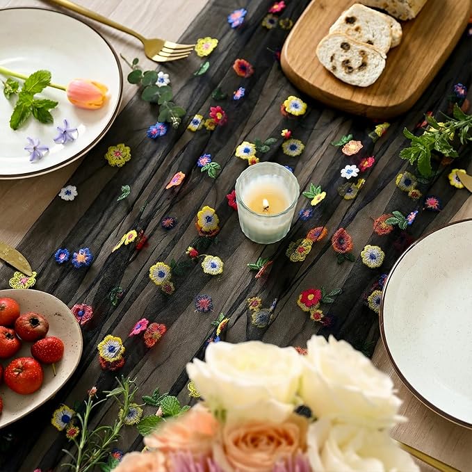 Artoid Mode Black Embroidery Daisy Spring Gauze Table Runner 59x120 Inch 10FT, Seasonal Sheer Kitchen Dining Holiday Wedding Birthday Table Decor for Home Party