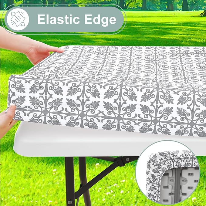 misaya Picnic Table Cover with Bench Cover, Waterproof Elastic Fitted Tablecloth for 8 Foot Tables, Rectangle Washable Polyester Tablecloths for Picnic, Camping, Outdoor (Grey, 30" x 96")