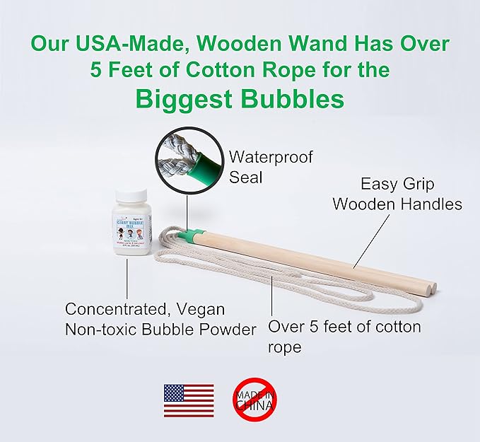 Bubbleventi Giant Bubble Kit | Made in USA | Includes 2 Wooden Wands, a Tips and Tricks Booklet, and 1 Bubble Mix - Makes 4 Gallons of Big Bubble Solution |Use at Birthdays and Family Fun