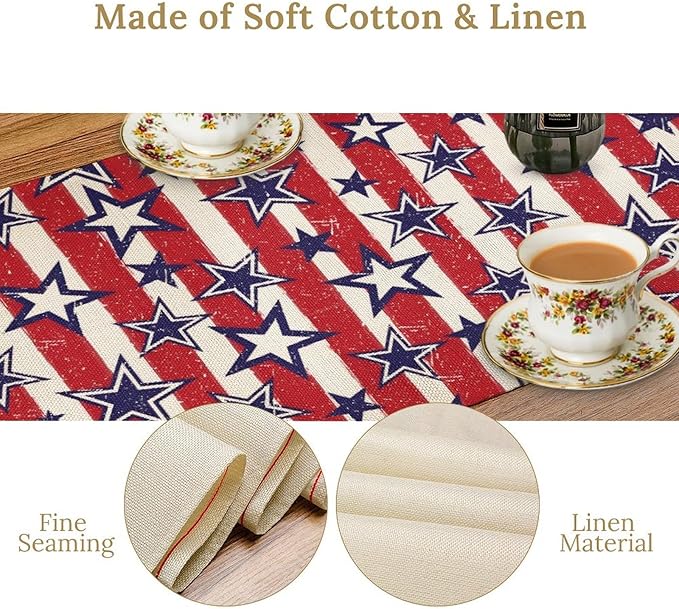 4th of July Table Runner, Vintage American Independence Day Stripes and Stars Patriotic Table Center Decor for Home Kitchen Dining Party Outdoor Holiday 13x60in