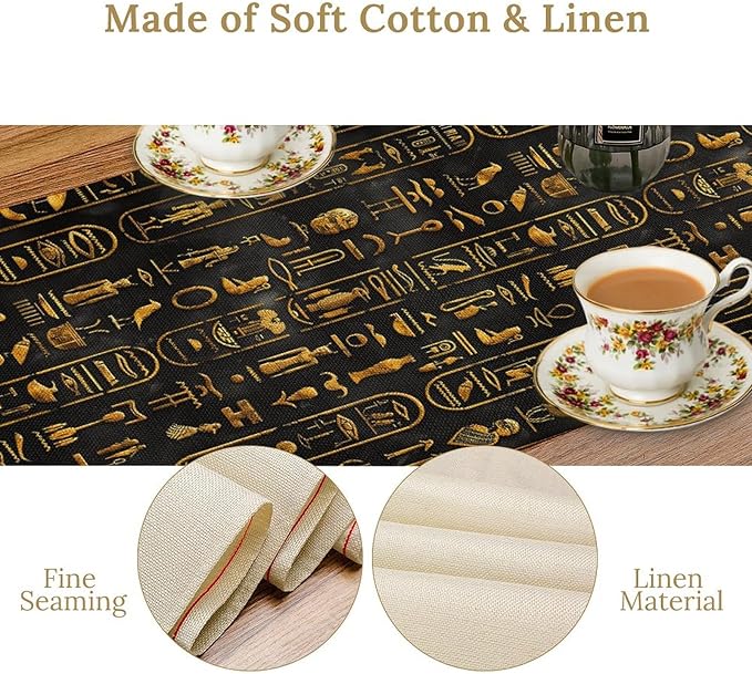 Egyptian Table Runner, Retro Egypt Mythology African Hieroglyphics Alphabet Murals Black Pattern Table Runner for Family Kitchen Coffee Dining Farmhouse Party 13x108in