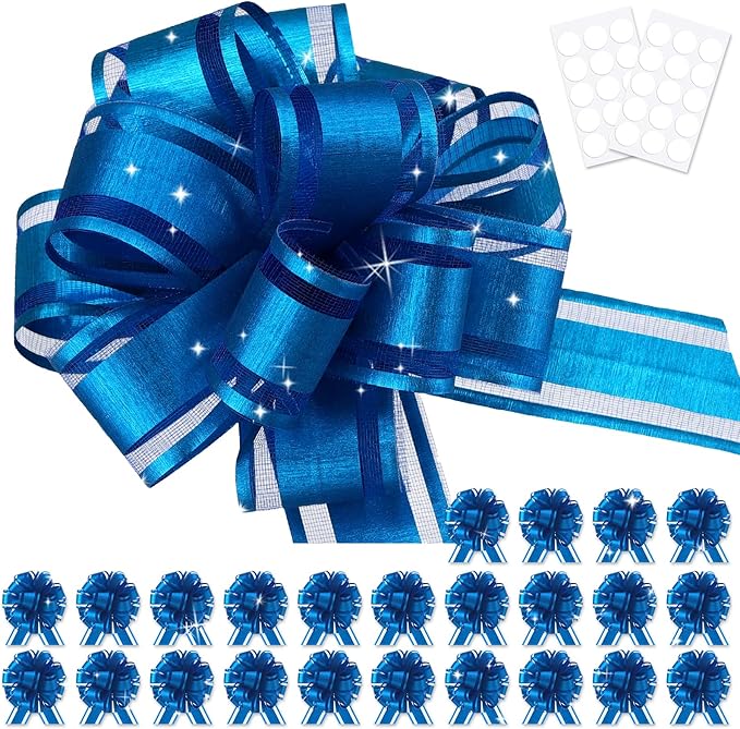 24pcs Royal Blue Pull Bow for Gift Basket Wrapping Xmas Gift Bows Presents Adhesive Wrap Ribbon Bow for Christmas Tree Ornament Wine Bottles Bouquet Flower Valentine's Day Party Decor (Dark Blue-G)