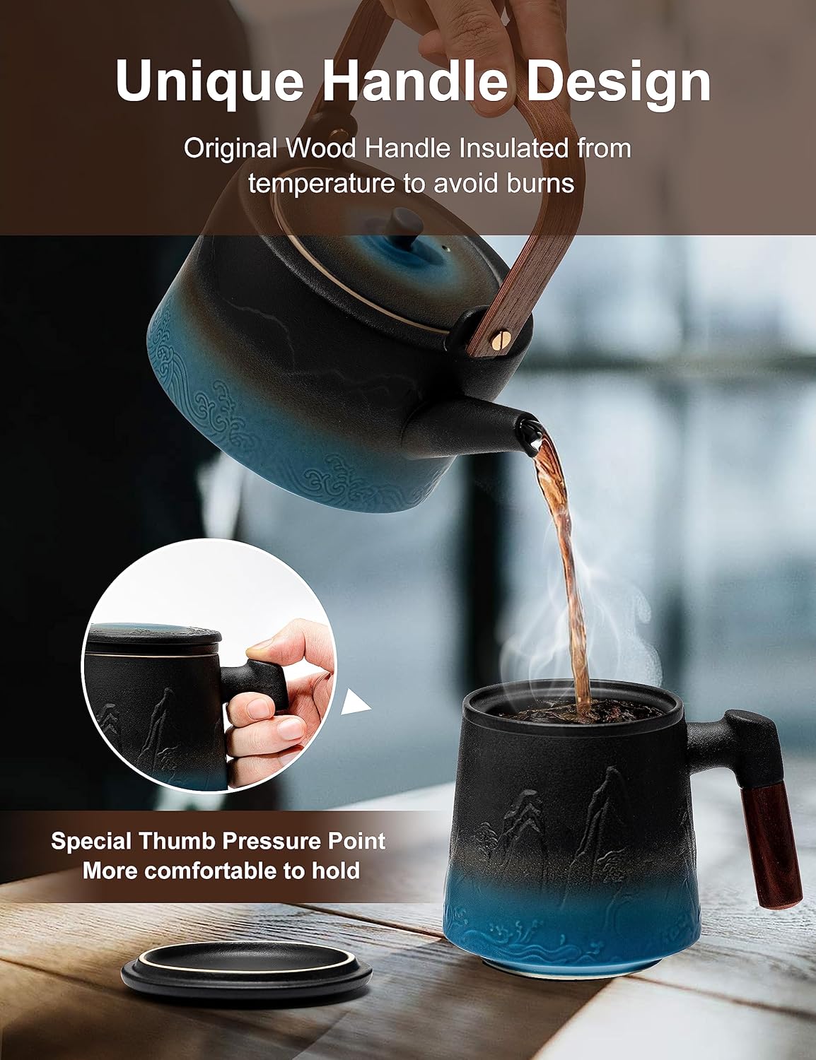 suyika Ceramic Tea Cup with Infuser and Lid, Gradient Embossed Large Tea Mug Wooden Handle for Steeping Loose Leaf, Tea Lover Gifts 15.2 oz / 450 ml