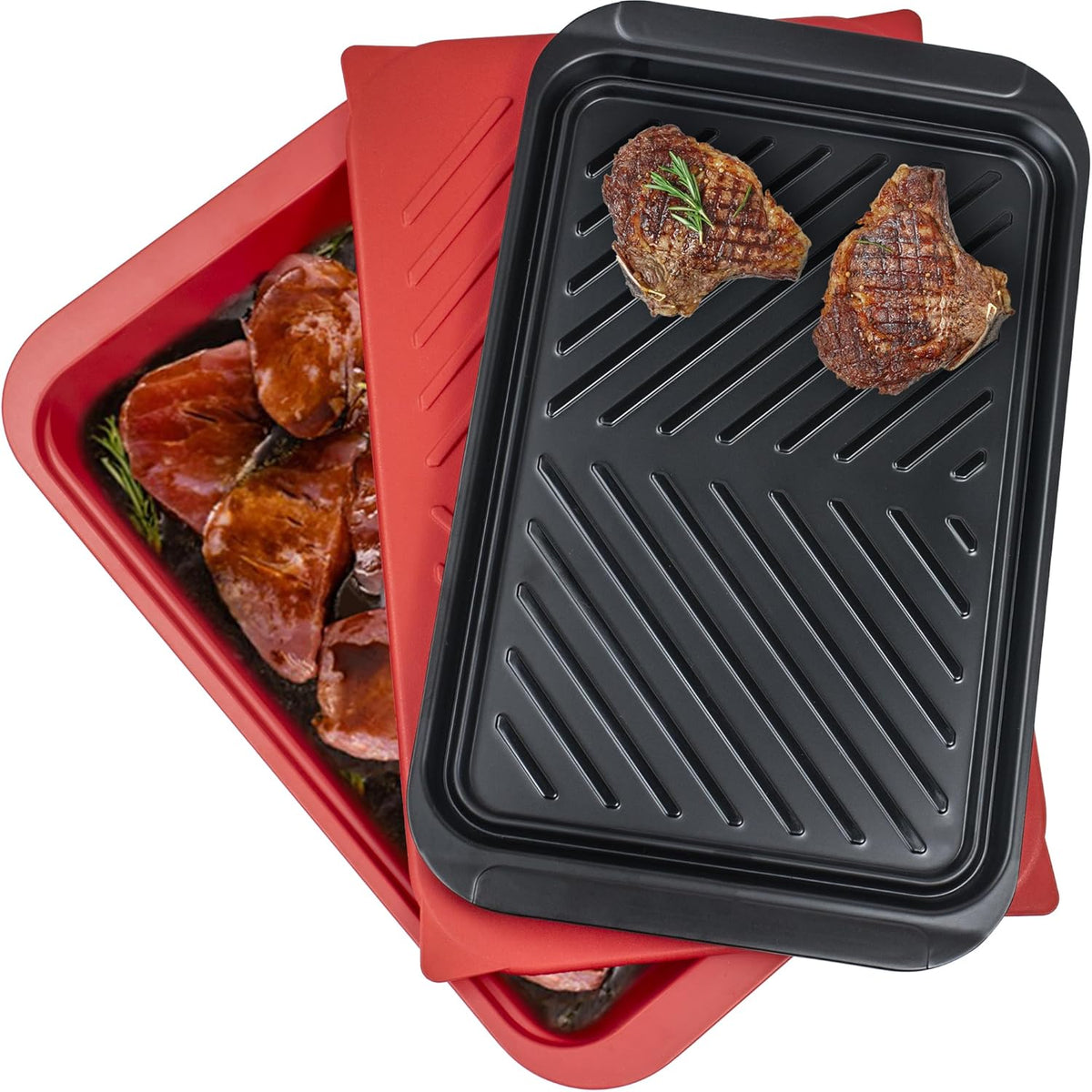 Grilling Prep and Serving Tray with Lid, BBQ Deep Tray for Marinating Raw and Cooked Food, Melamine Serving Trays for Food, Black and Red