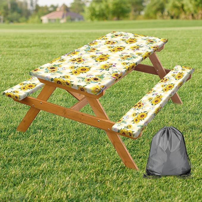 Sunflower Picnic Table Cover with Bench Covers, Yellow Buffalo Plaid Farmhouse Elastic Camping Table Cloth Picnic Party Essentials, Vintage Floral Rectangular Table Cloth Cover