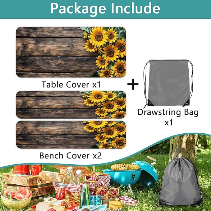 Picnic Table Cover with Bench Covers Wood Sunflower Elastic Outdoor Tablecloth Camping Essentials Waterproof Windproof Camping Tablecloth with Drawstring Bag, Fitted Rectangle Tables Seats 60X30in