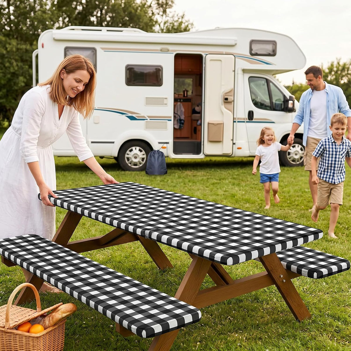 Smiry 6FT Picnic Table Cover with Bench Covers, Elastic Fitted Tablecloth