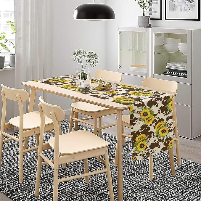 Cow Print Table Runner, Brown Sunflower Cow Print Animal Fur Skin Rustic Cowhide Pattern Table Runner for Kitchen Farmhouse Dining Home Outdoor 13x60in