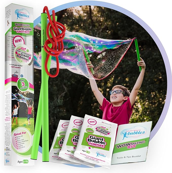 WOWmazing Giant Bubble Powder Kit: Include Large Bubble Wand and 3 Packet of Big Bubble Powder (Makes 3 Gallons) | Outdoor Toy for Kids, Boys, Girls | Powder Made in USA