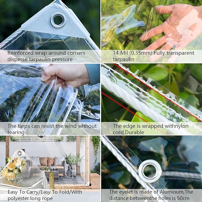 Clear Tarps Heavy Duty PVC, Transparent Tarp Durable Waterproof Dustproof Windproof, Tarpaulin with Grommets & Ropes for Greenhouse, Patio, Garden, Pavilion, Chicken, Porch, Outdoor（6' x 10'）