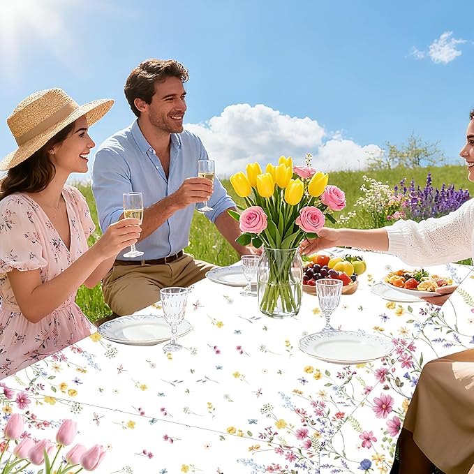 2-Pack Wildflower Plastic Tablecloth Disposable Rectangle - Floral Butterfly Garden Party Table Cover with Spring Flowers, 54x108 Inch for Fairy Birthday Party Decorations