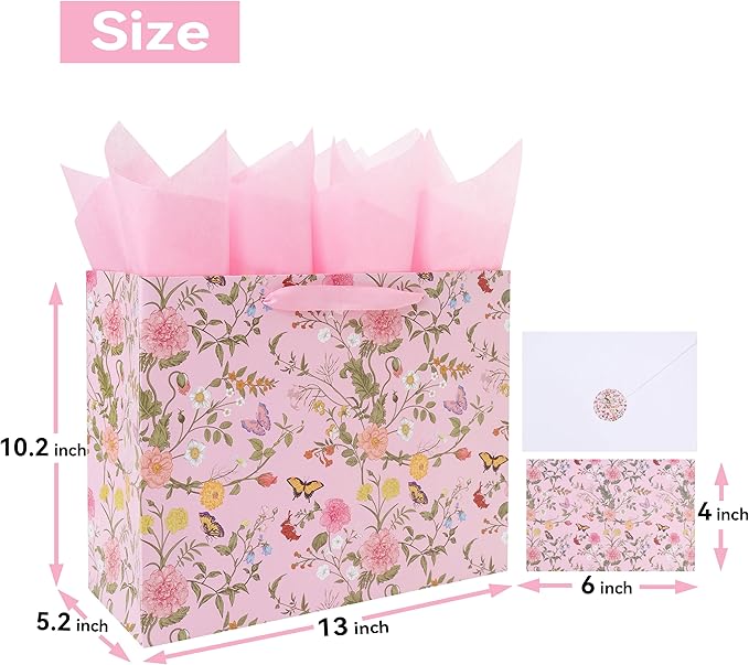 13'' Large Flowers Gift Bag Set with Handles, Greeting Card, Purple Tissue Papers and Stickers for Girls Women Kids Teens for Birthday Party, Mother's Day, Weddings, Anniversaries, Floral Design, 1 Pcs