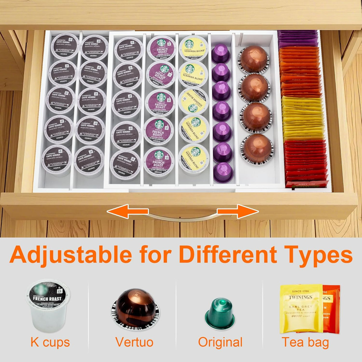 MinBoo Bamboo Drawer Organizer - Expandable K Cup & Pods Holder, Coffee Pod Storage, Tea Organizer