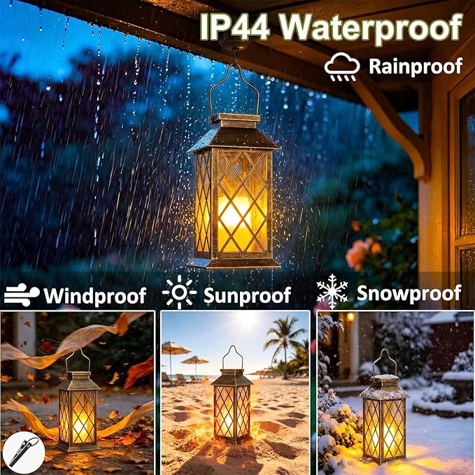 Solar Lanterns Outdoor Waterproof, Flickering Candles Hanging Solar Lights for Outside Garden Patio Wall Porch Decorative, Lamp with Upgraded Solar Panel, Tempered Glass & Clip, Bronze 2 Pack