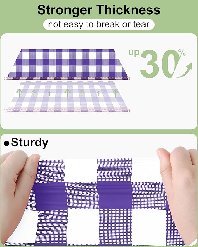 Smiry 8 Packs Gingham Disposable Table Cloth, 54 x 108 Inch Waterproof Plastic Tablecloth, Rectangle Purple and White Checkered Table Covers for Picnic, Birthday, Party