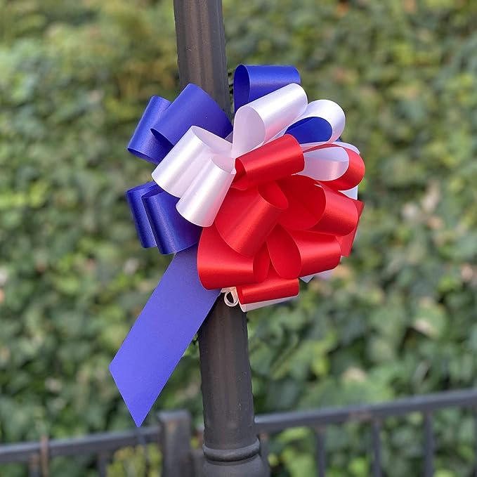 Red, White, and Blue Pull Bows - 9" Wide, Set of 6, Memorial Day, 4th of July, America 250 Anniversary, Patriotic Holiday Decorations, Election Day, USA Rally Decor, Veterans Day, American Pride