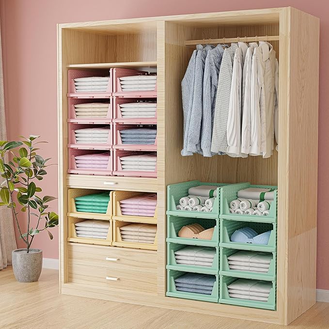 Stackable Wardrobe Organizer for Clothes - Multipurpose Foldable Plastic Closet Storage Cupboard for Home Kitchen, Bedroom (Pack of 6, Assorted Colour)