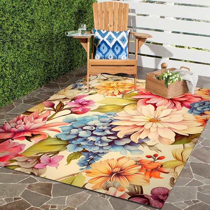 Easy Clean Floral Outdoor Rug 3x5 Yellow Pink Machine Washable Area Rugs for Patio Balcony Camping Pool Garden Non Slip Waterproof Outside Carpet Vibrant Low Pile Porch Mat