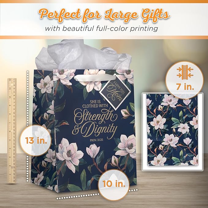 Christian Art Gifts Large Portrait Inspirational Scripture Women's Gift Bag, Tag & Wrapping Tissue Paper Set: Strength & Dignity Bible Verse for Moms, Cute Navy Blue Floral/Gold, Satin Ribbon Handles