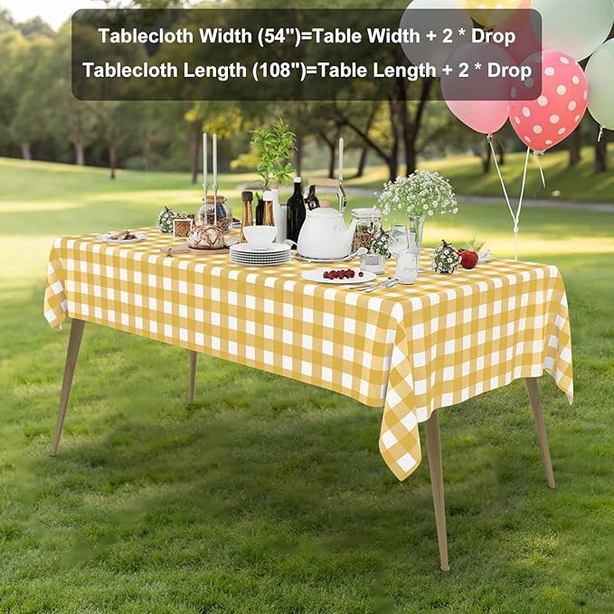 Smiry 5 Pack Gold Gingham Disposable Tablecloths - 54" x 108" Heavy Duty Plastic Table Cloth, Waterproof Buffalo Plaid Table Covers for Picnic, Banquets, Parties