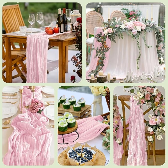 Asee'm 2pcs Cheesecloth Table Runner 120 Inches Blushing Pink Boho Gauze Cheese Cloth Runner 10FT Rustic Sheer Table Runners for Easter Spring Wedding Baby Shower Holiday Party Decoration