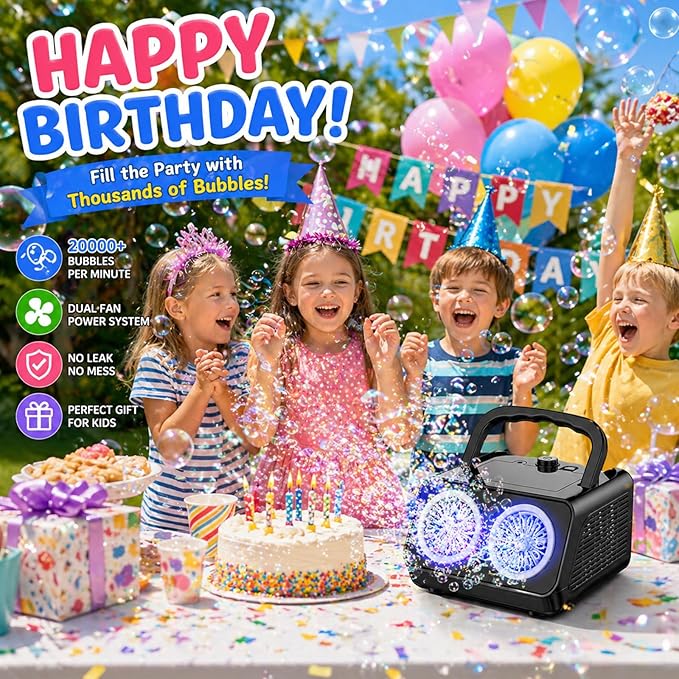 SHCKE Automatic Bubble Machine Upgrade Bubble Blower with 2 Fans,20000+ Bubbles Per Minute, USB-C or Battery Powered,Sealed Bottle, Portable Bubble Maker for Birthday Party Pool Wedding Outdoor