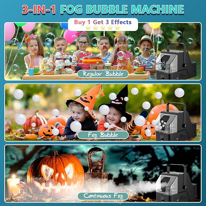 Wisdomlit Fog Bubble Machine, 3-in-1 Smoke Bubble Machine, 450W Bubble Fog Machine with Remote Control, Make Colorful Bubbles | Fog Bubbles | Continuous Fog for Stage Wedding Photography Holiday Party