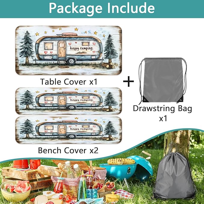 Picnic Table Cover with Bench Covers and Bag, Camping Essentials, Camper Forest Wooden Grain Outdoor Table Covers, Waterproof Windproof, Fitted Tablecloth Cover with Elastic Edge, 3 PCS, 30x72 Inch