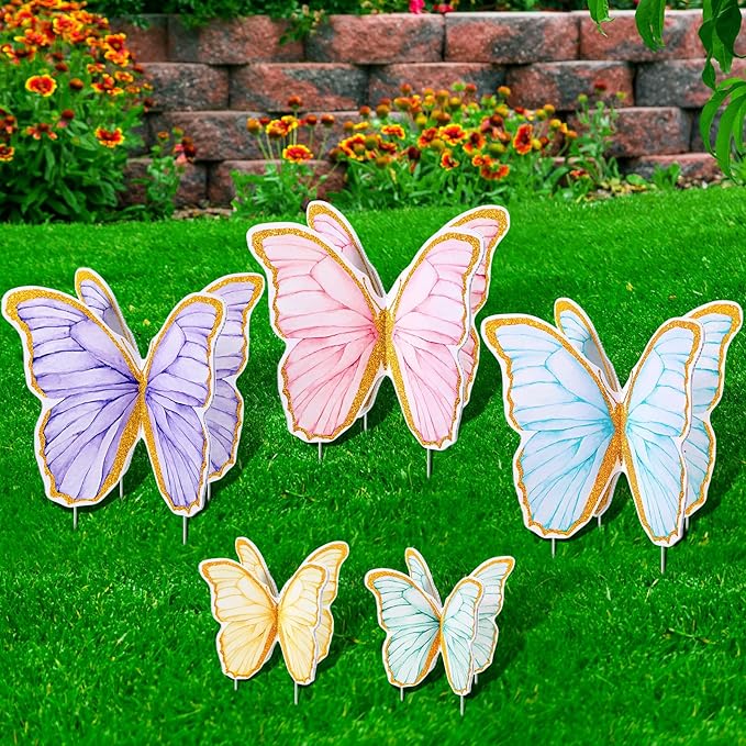 5 Pcs Giant Butterfly Garden Stakes Decorations, 3D Glitter Butterfly Yard Signs Spring Lawn Outdoor Decorative for Purple Tea Party Graduation Fairy Birthday Wedding Baby Shower Patio Decor