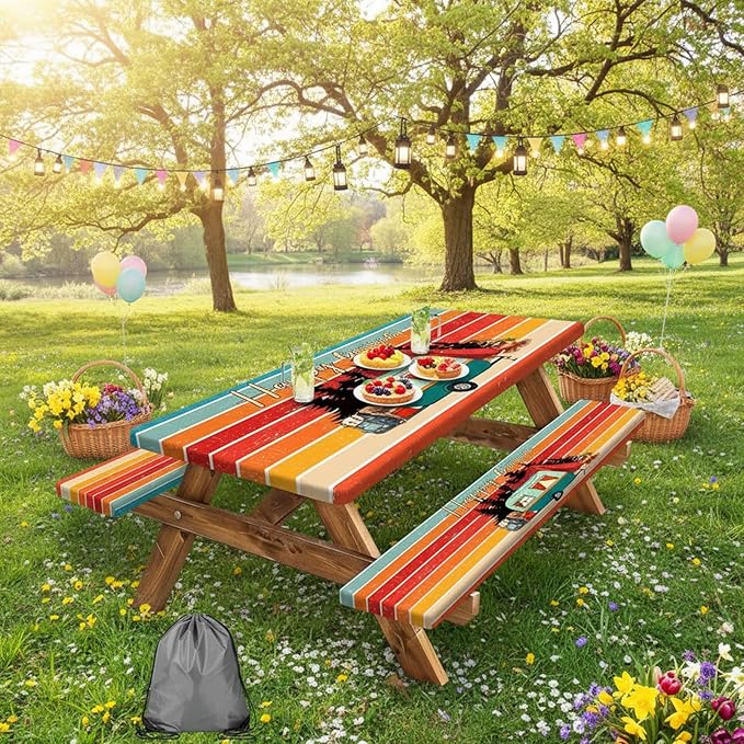 JAWO 96in Picnic Table Cover with Bench Covers, Camping Essentials Water Resistant Windproof Picnic Table Cloth,Fitted Tablecloth Cover with Elastic Edge for Indoor Outdoor, Camper Fitted Table Cover
